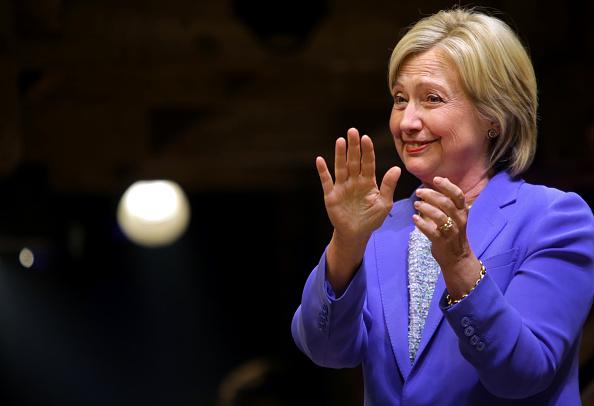 NEW YORK - JULY 12: U.S. Presidential candidate Hillary Clinton (D-NY) greets the audience after speaking at the Richard Rodgers Theatre following a special performance of the Broadway musical Hamilton in New York City on July 12, 2016. (Photo by Yana Paskova/Getty Images)