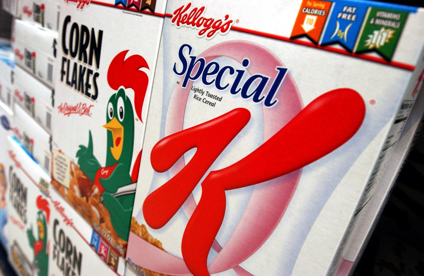 Kellogg's Corn Flakes and Special K cereal boxes are display
