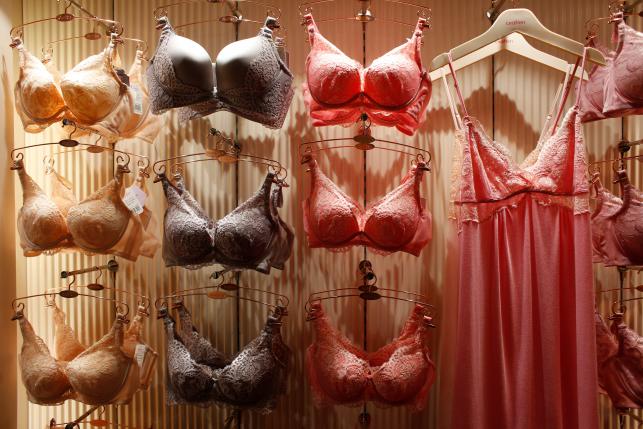 Bras are displayed at Ordifen lingerie store in the southern Chinese city of Shenzhen