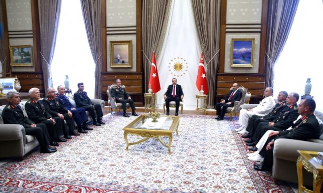 Turkey's President Erdogan meets members of High Military Council at the Presidential Palace in Ankara