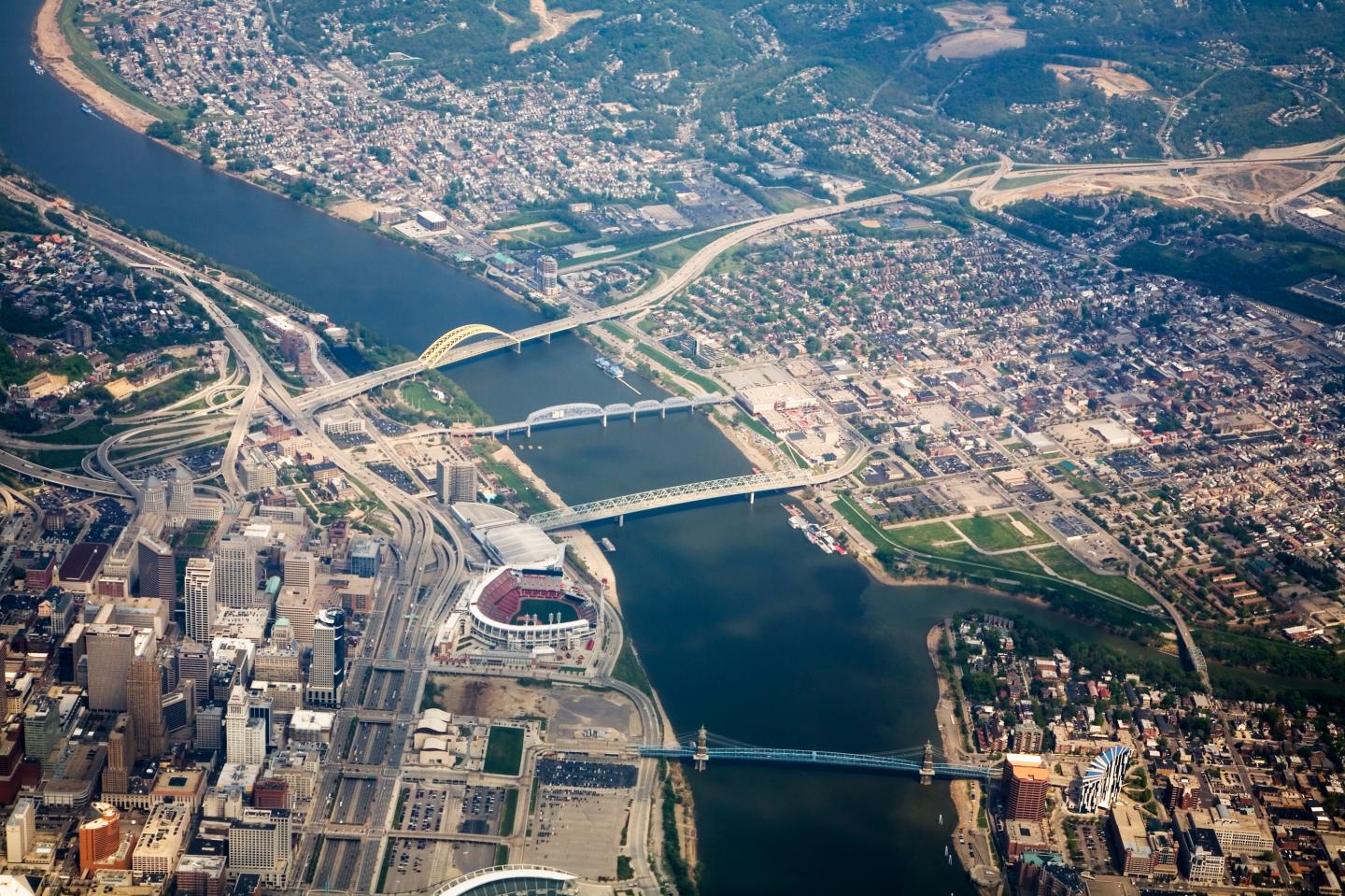 Cincinnati Bridges over Ohio River, with Stadium