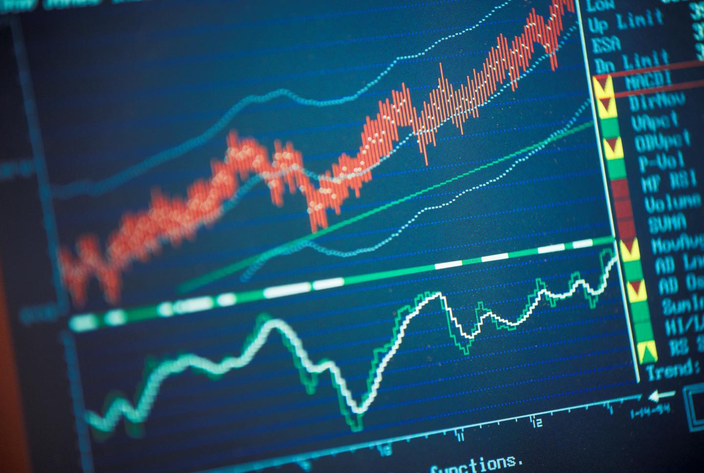 Computer screen displays laptop graph  of financial trends.