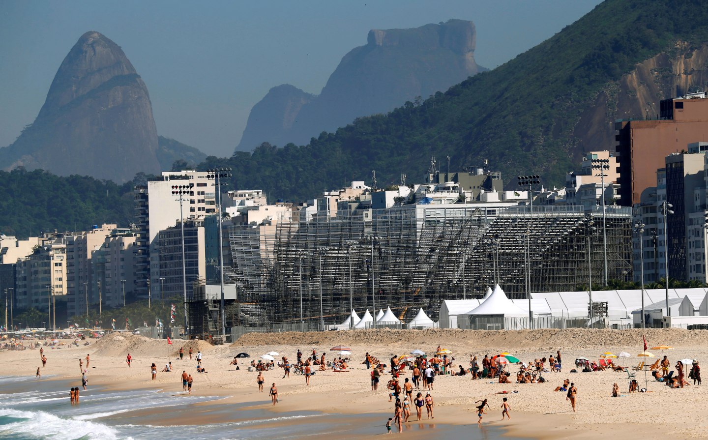 A view of the construction site of the beach volleyball venue for 2016 Rio Olympics on Copacabana beach in Rio de Janeiro
