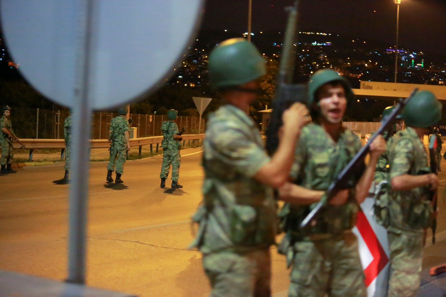Turkish military block access to the Bosphorus bridge, which links the city's European and Asian sides, in Istanbul
