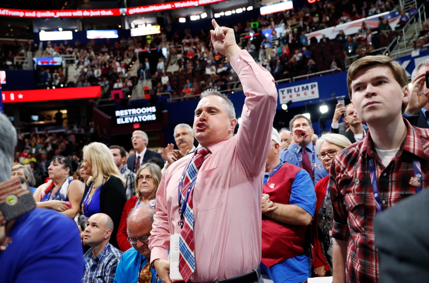 A Republican National Convention delegate screams as the Chair announces that the convention will not hold a roll-call vote at the Republican National Convention in Cleveland