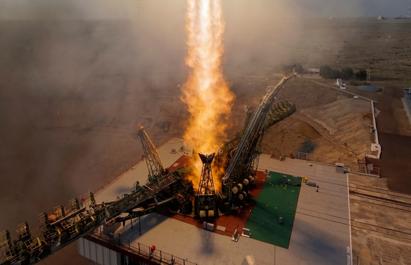 The Soyuz MS spacecraft carrying the crew of Kate Rubins of the U.S., Anatoly Ivanishin of Russia and Takuya Onishi of Japan blasts off to the International Space Station (ISS) from the launchpad at the Baikonur cosmodrome, Kazakhstan