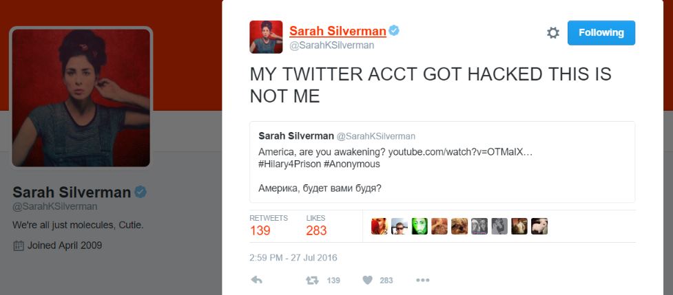 Sarah Silverman's hacked Twitter account attacks Hillary Clinton.