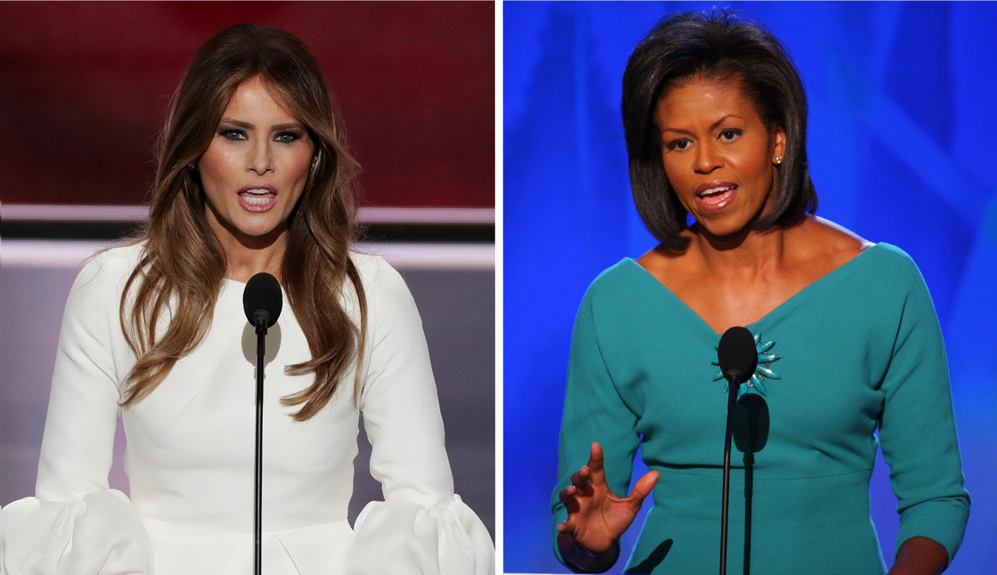 CLEVELAND, OH - JULY 18: Melania Trump, wife of Presumptive Republican presidential nominee Donald Trump, delivers a speech on the first day of the Republican National Convention on July 18, 2016 at the Quicken Loans Arena in Cleveland, Ohio. An estimated 50,000 people are expected in Cleveland, including hundreds of protesters and members of the media. The four-day Republican National Convention kicks off on July 18. (Photo by Alex Wong/Getty Images)
UNITED STATES - AUGUST 25: Michelle Obama, wife of Senator Barack Obama of Illinois, Democratic presidential candidate, speaks during day one of the 2008 Democratic National Convention (DNC) in Denver, Colorado, U.S., on Monday, Aug. 25, 2008. The DNC will be held from Aug. 25-28. (Photo by Matthew Staver/Bloomberg via Getty Images)