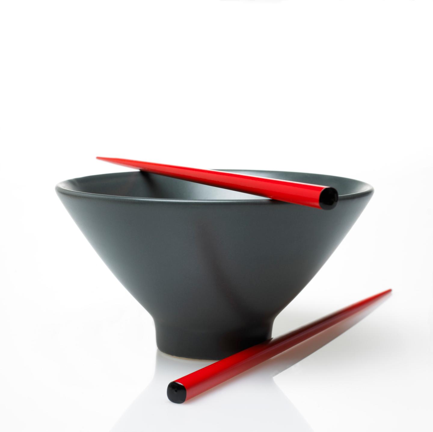 Bowl and chopsticks on white background
