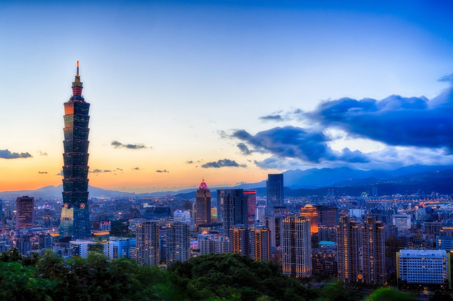 The Taipei city skyline at sunset the day before a typhoon