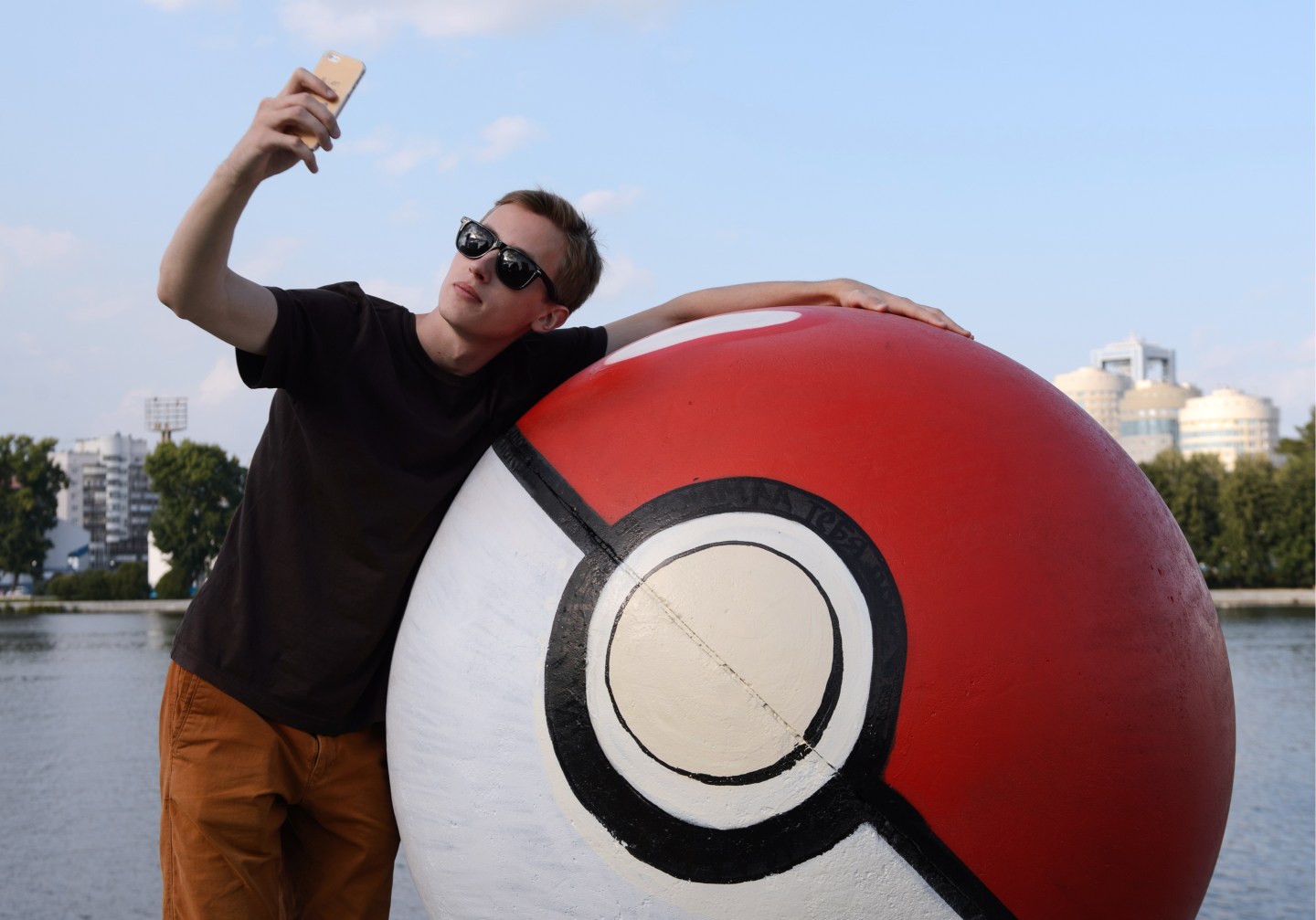 Stone sphere painted as pokeball in Yekaterinburg embankment
