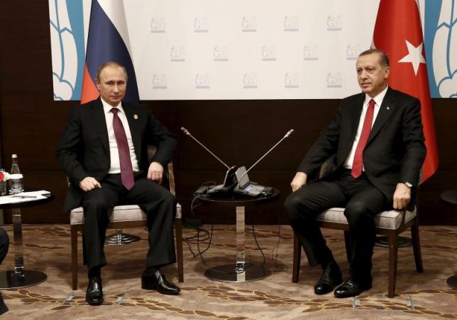 Turkey's President Erdogan meets with his Russian counterpart Putin  at the Group of 20 (G20) leaders summit in the Mediterranean resort city of Antalya, Turkey
