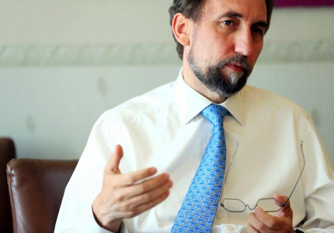 United Nations High Commissioner for Human Rights Zeid Ra'ad Al Hussein gestures during an interview with Reuters in Geneva