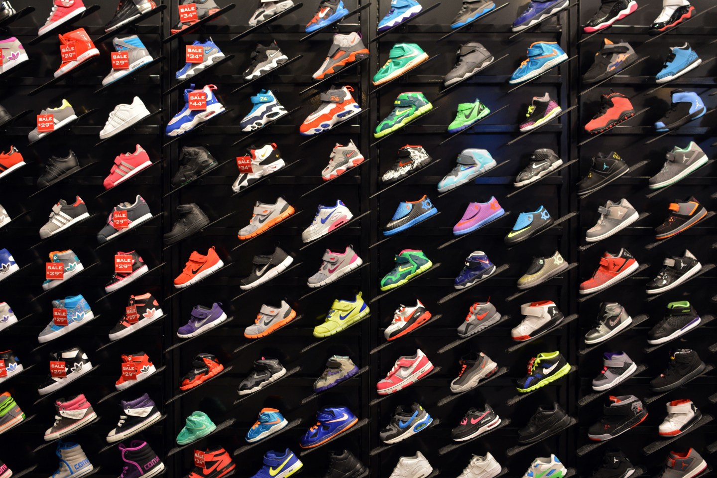 Colorful display of men's athletic shoes at Foot locker sporting goods store, Roosevelt Field Mall, Garden City, Long Island