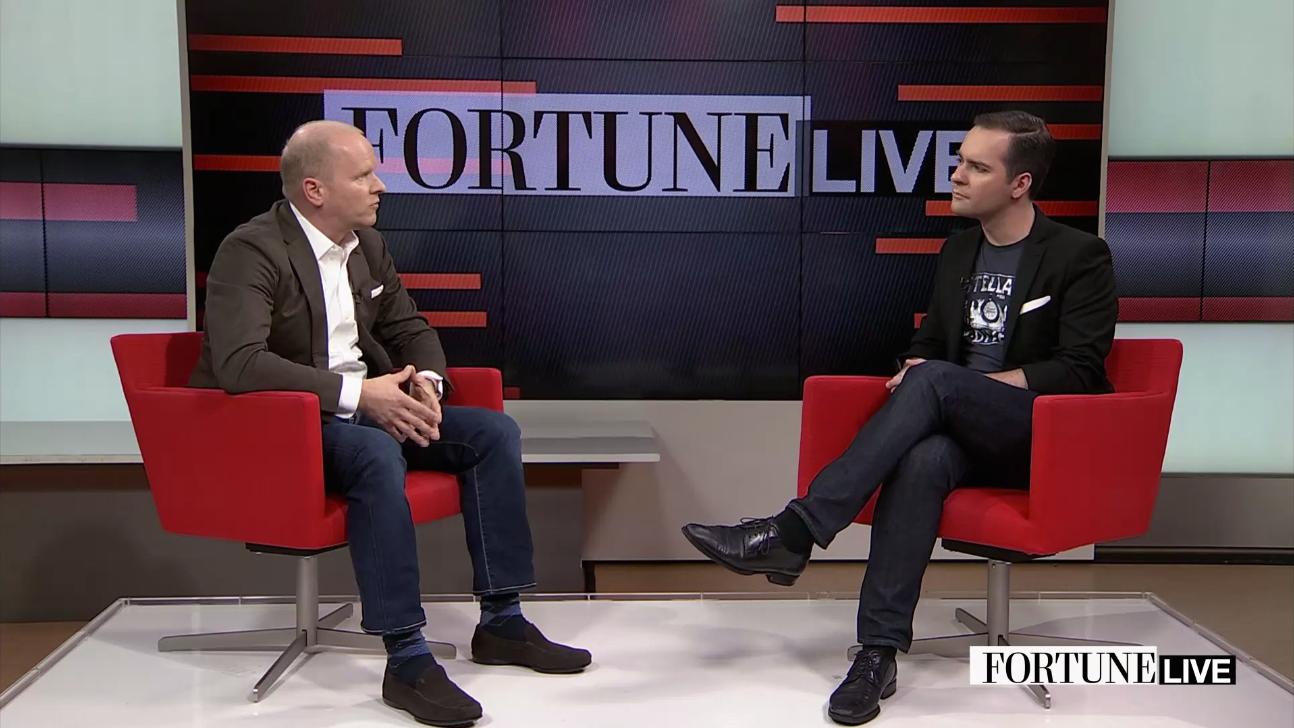 Mastercard chief product officer Michael Miebach and Fortune deputy digital editor Andrew Nusca on Fortune Live in August 2016