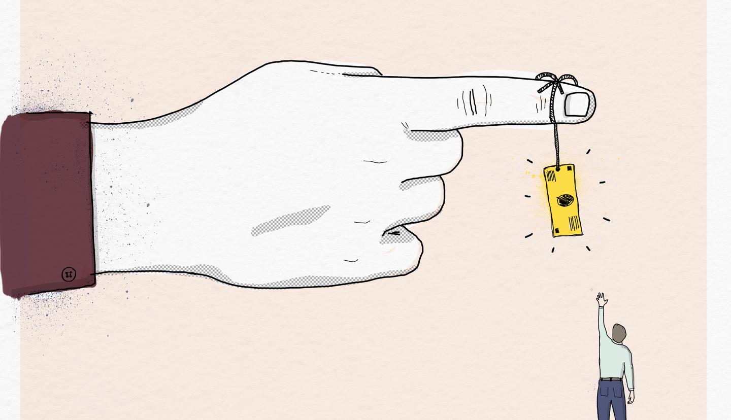 Man reaching for dollar bill hanging on string from large finger