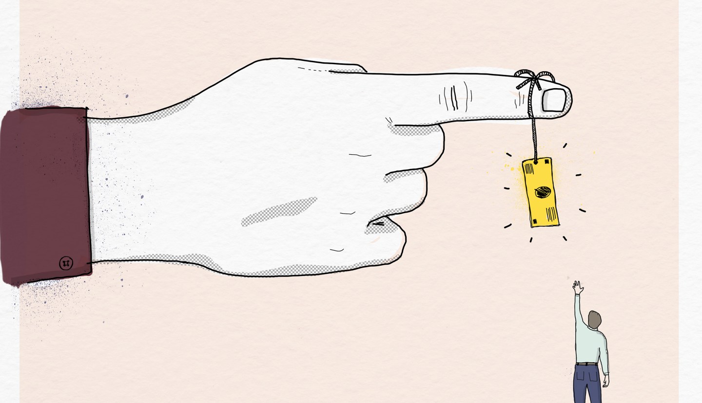 Man reaching for dollar bill hanging on string from large finger