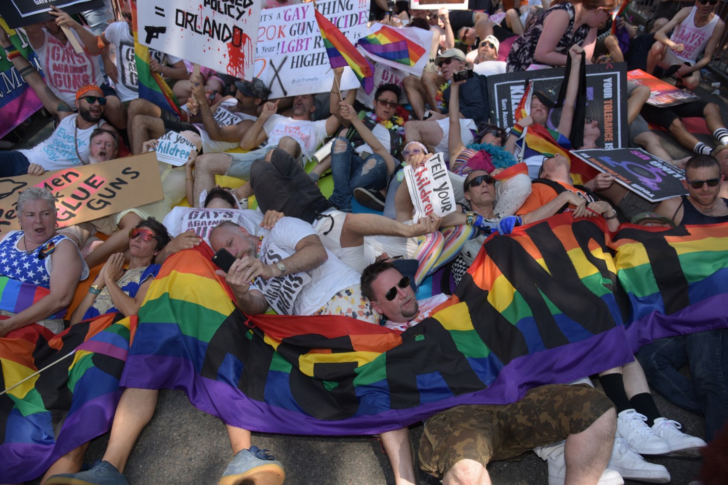 Gays against Guns stages die in before Stonewall Inn. The