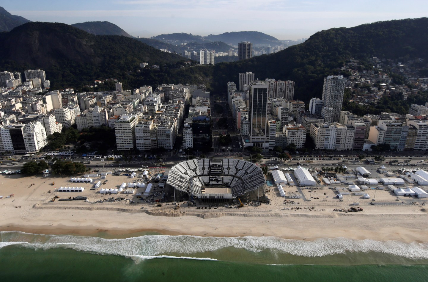 An aerial view of the 2016 Rio Olympics beach volleyball venue on Copacabana beach in Rio de Janeiro