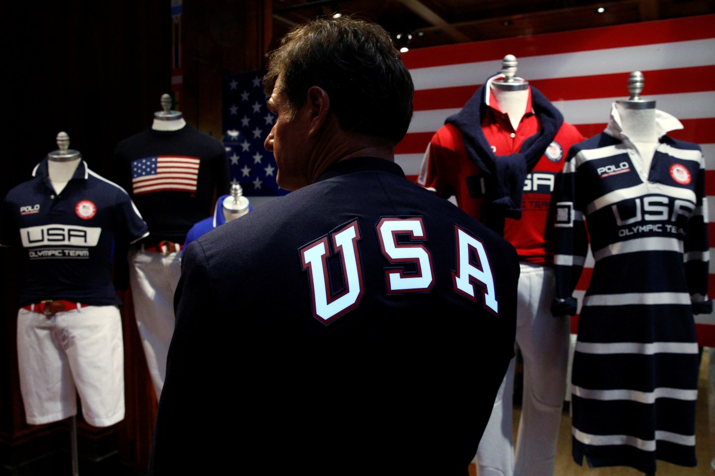 Cliff Meidl, two-time U.S. Olympic athlete, models the official Team USA Opening Ceremony flag bearer outfit which will include special electroluminescent panels, in New York