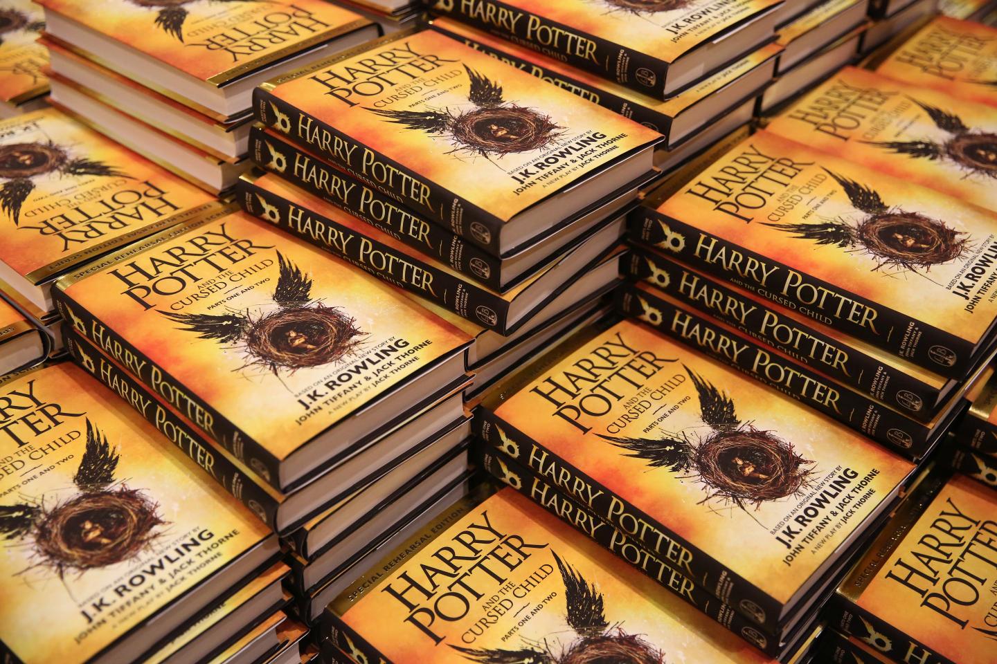 Copies of the book of the play of Harry Potter and the Cursed Child parts One and Two are displayed at a bookstore in London