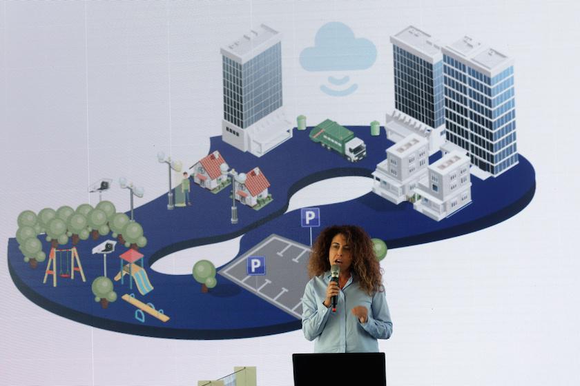 Handler speaks during the launch of Beqez's "Smartcity" initiative, in the central Israeli city of Modi'in