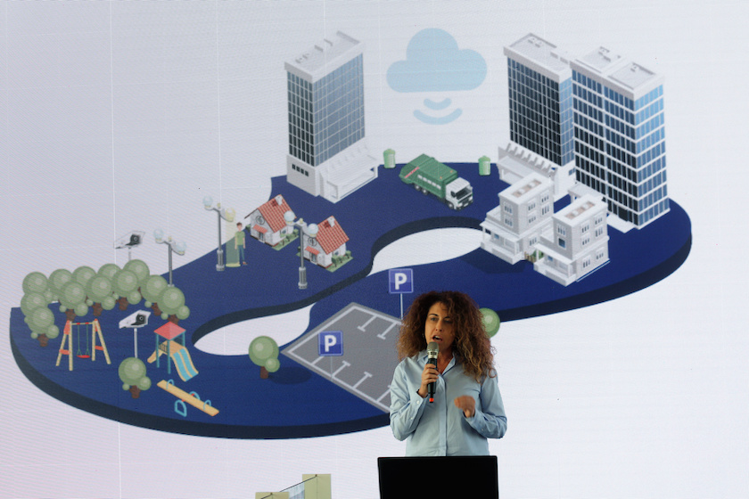 Handler speaks during the launch of Beqez's "Smartcity" initiative, in the central Israeli city of Modi'in
