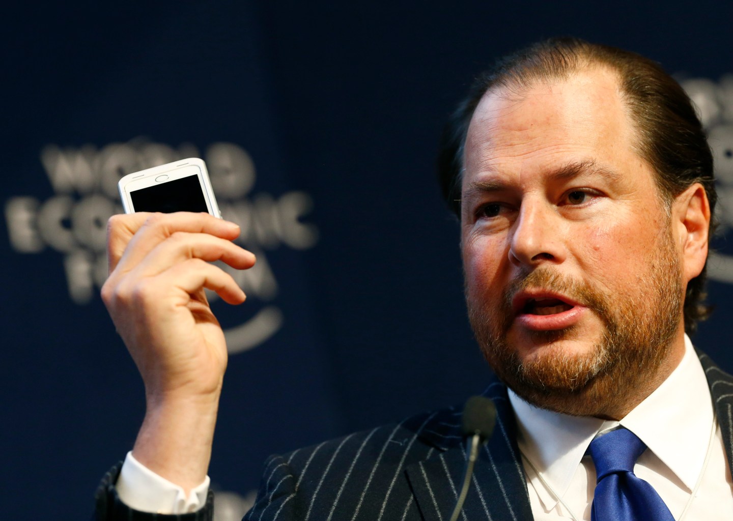 Benioff Chairman and CEO of Salesforce.com speaks during session at World Economic Forum in Davos