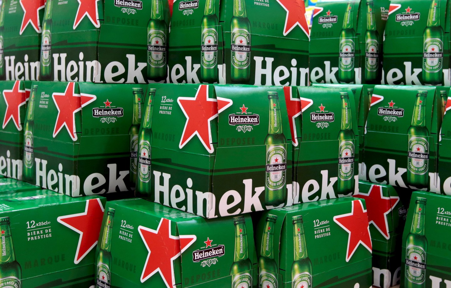 File photo of packs of Heineken beer displayed for sale at a Carrefour hypermarket in Nice