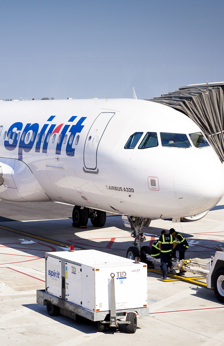 Spirit Airline plane on the tarmac at Fort Lauderdale-Hollywood International Airport in Florida.