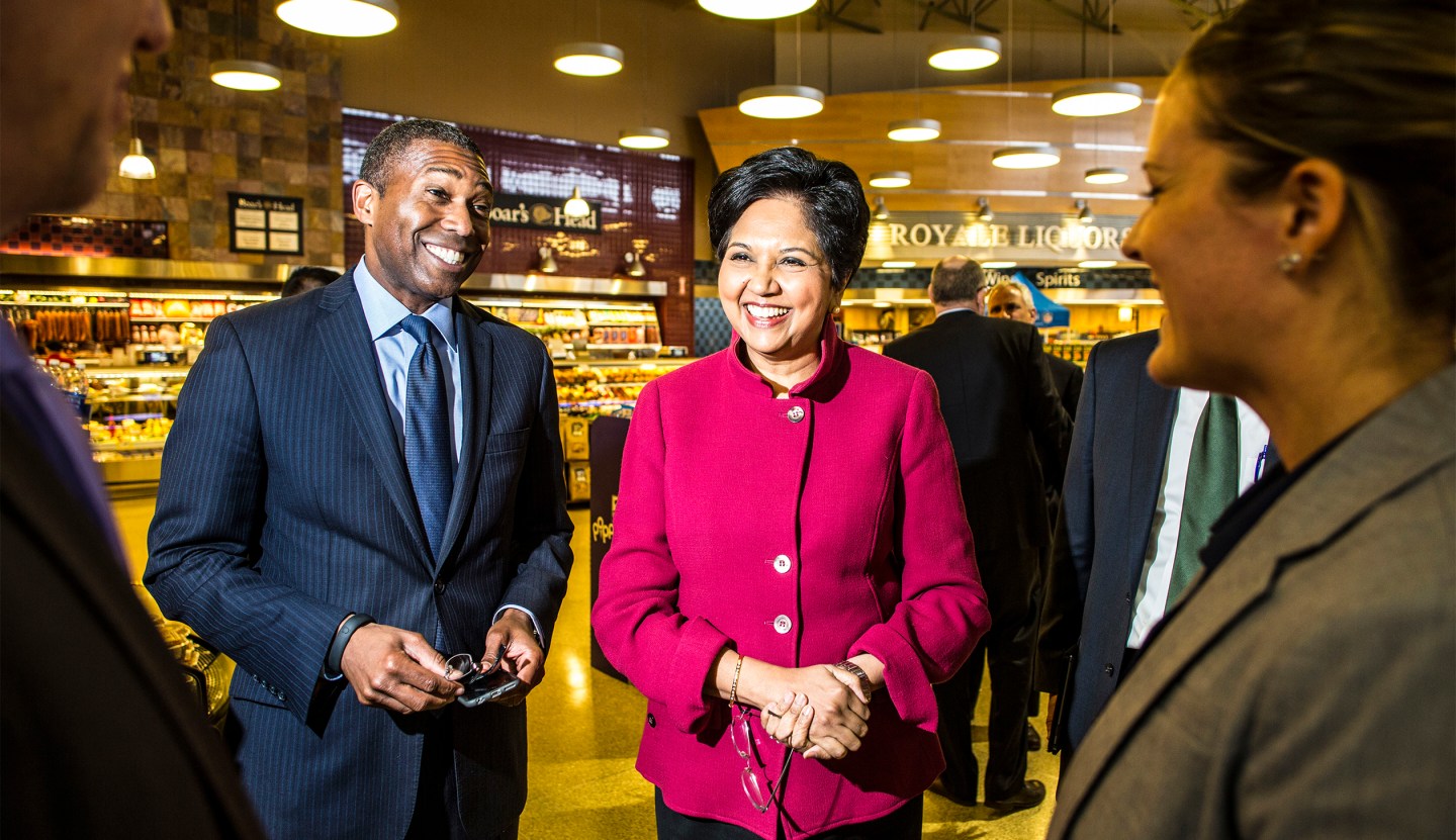 Pepsico CEO Indra Nooyi inspects Pete's Fresh Market in Chicago, April 2015