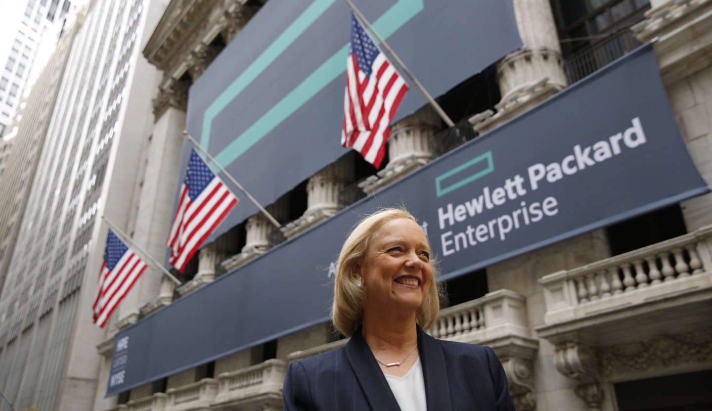 Hewlett Packard Enterprise President and Chief Executive Officer Meg Whitman stands outside the New York Stock Exchange. CREDIT: Eric Draper