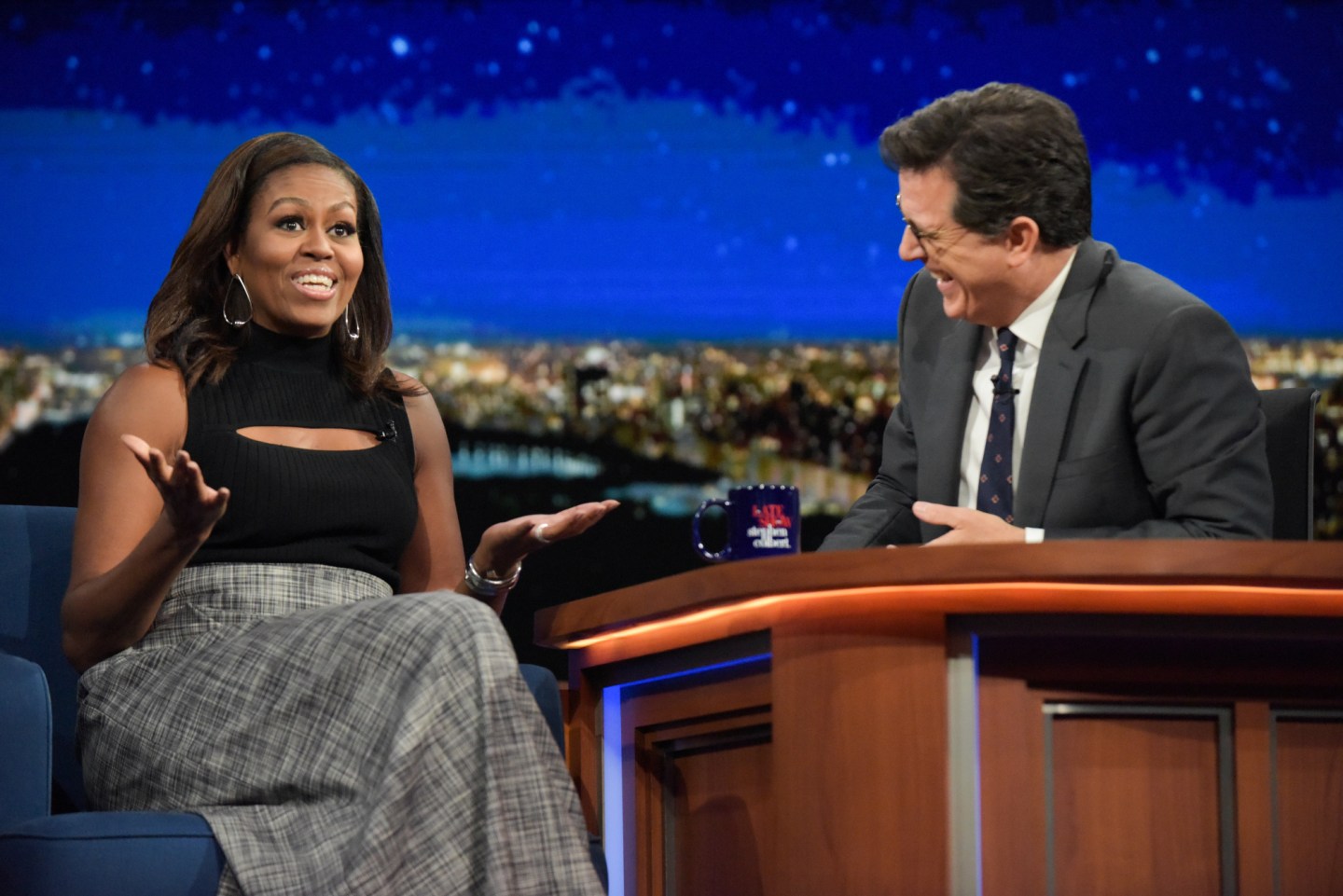 The Late Show With Stephen Colbert. With guest Michelle Obama during Tuesday's 9/20/16 show in New York. Photo: Scott Kowalchyk/CBS é2016CBS Broadcasting Inc. All Rights Reserved.