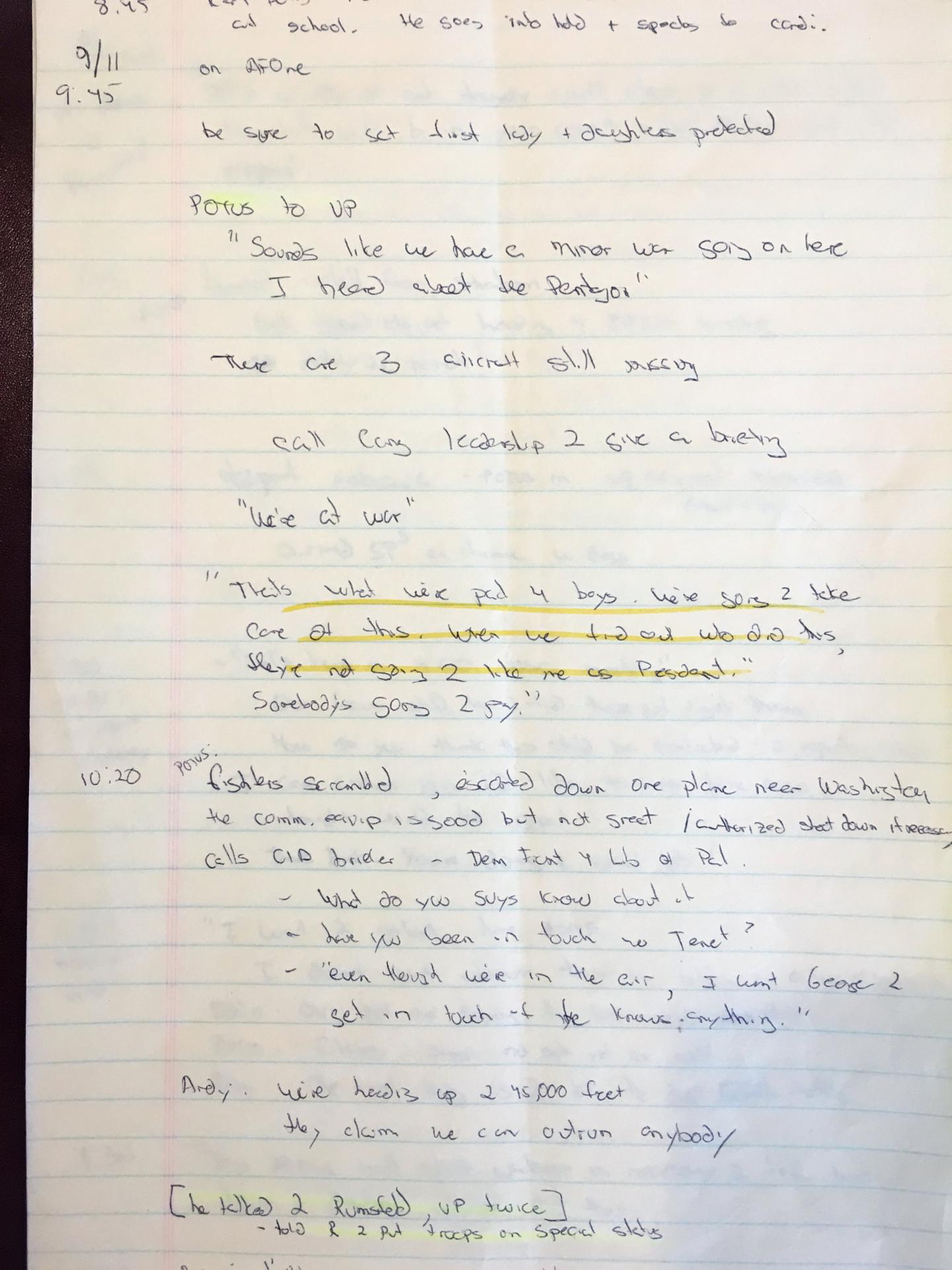 Ari Fleischer's 9/11 notes shown during an interview with Reuters in his office in Bedford
