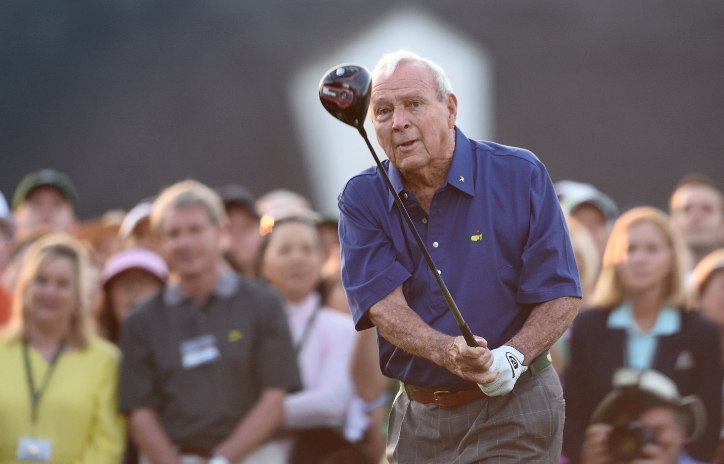 Honorary Starter, Arnold Palmer of the USA hits the firs shot during the first round of the 2015 Masters at Augusta National Golf Club on April 9, 2015 in Georgia.