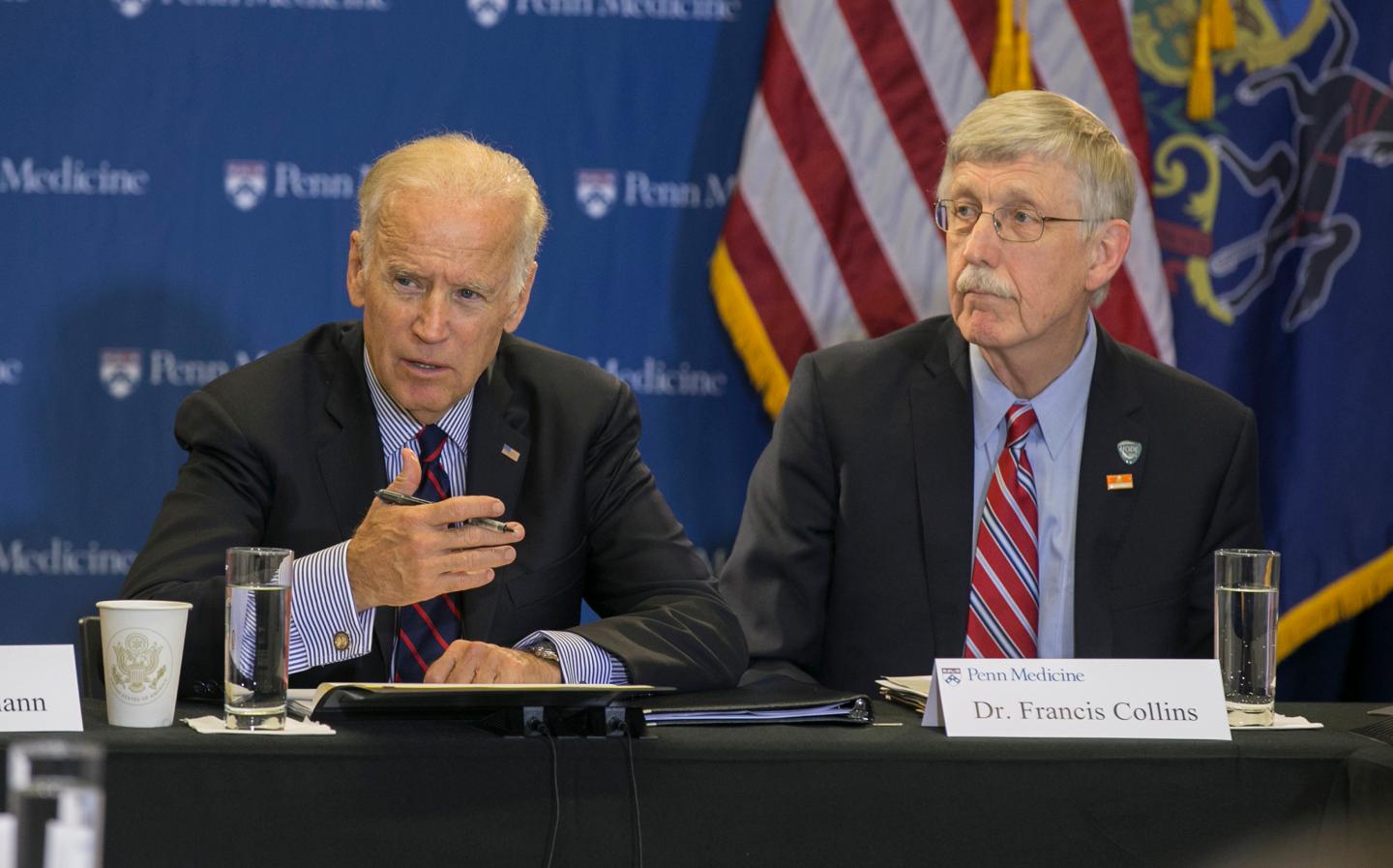 Vice president Joe Biden at a press conference with NIH director Dr. Francis S. Collins.