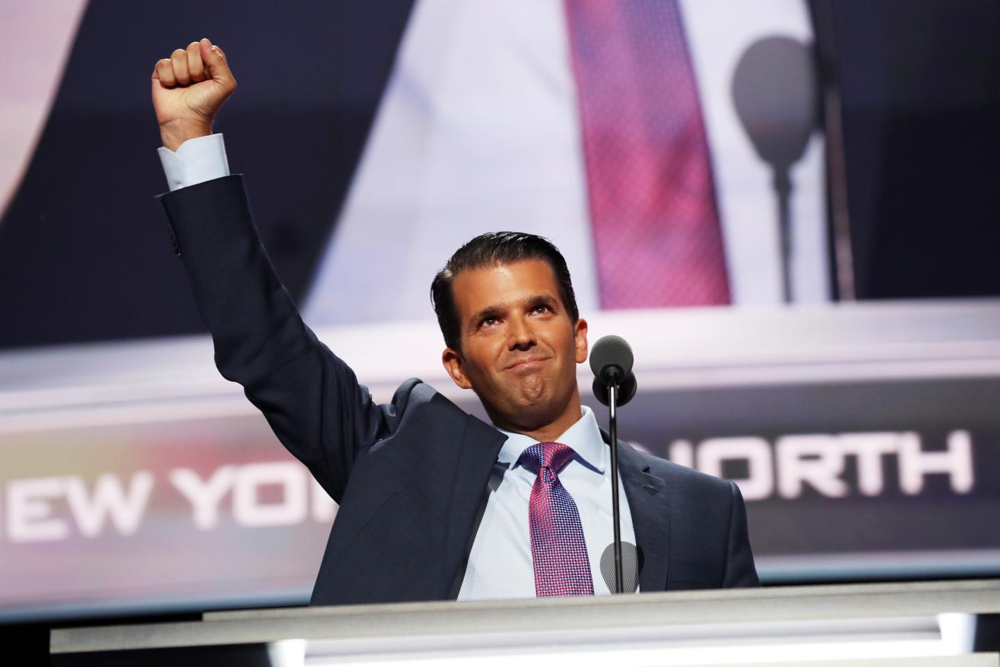 Donald Trump Jr. gestures to a crowd at the Republican National Convention in Cleveland.