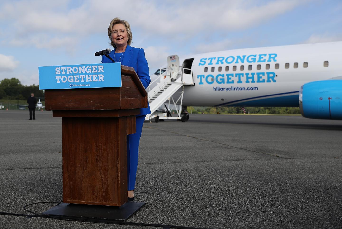 Hillary Clinton Speaks To The Press Before Departing For Campaign Trip To North Carolina