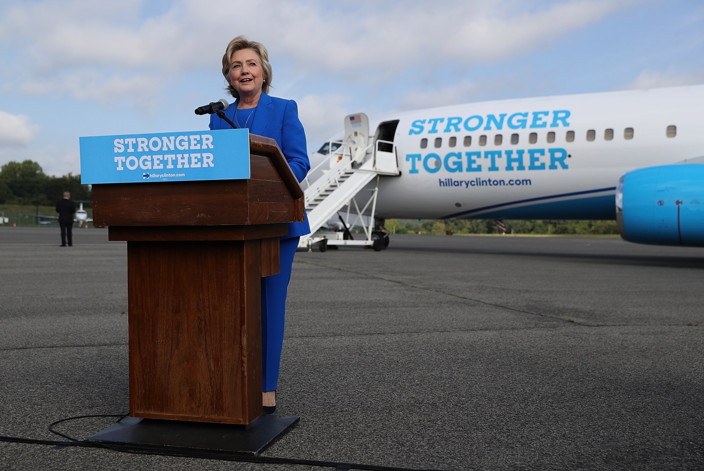 Hillary Clinton Speaks To The Press Before Departing For Campaign Trip To North Carolina
