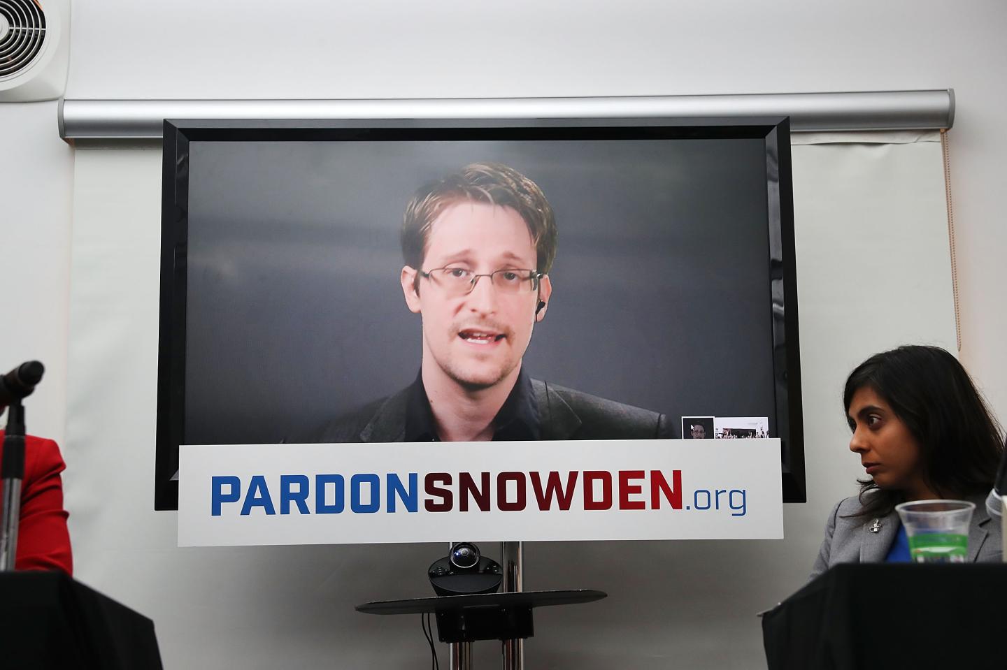 Edward Snowden Speaks Via Video Conference At Launch Of Campaign Calling On Obama To Pardon Him