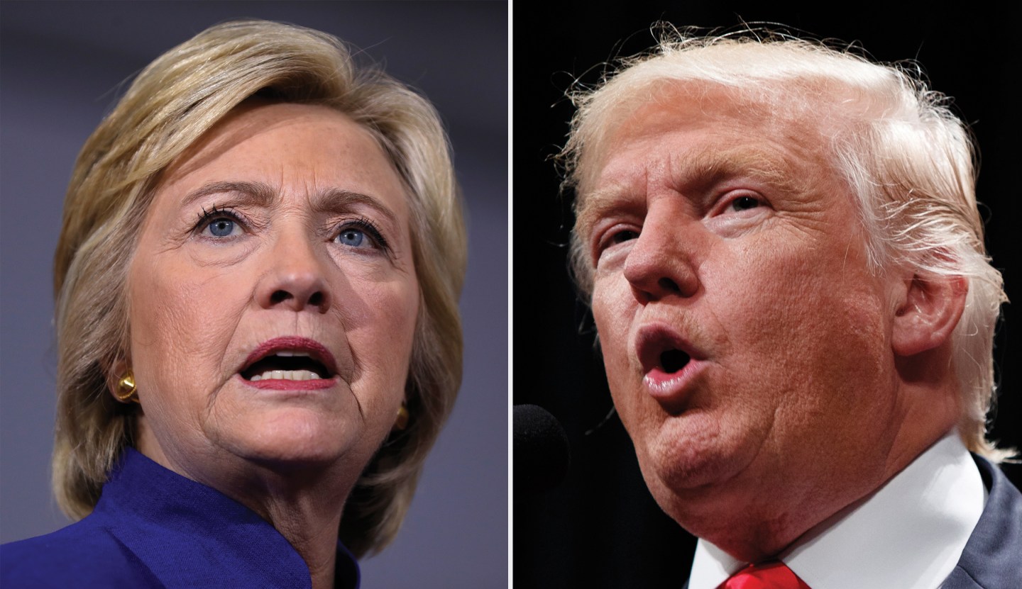 Democratic presidential candidate Hillary Clinton speaks during a campaign stop at the Frontline Outreach Center in Orlando, Fla., Wednesday, Sept. 21, 2016. Republican presidential candidate Donald Trump speaks during a campaign rally, Wednesday, Sept. 21, 2016, in Toledo, Ohio.