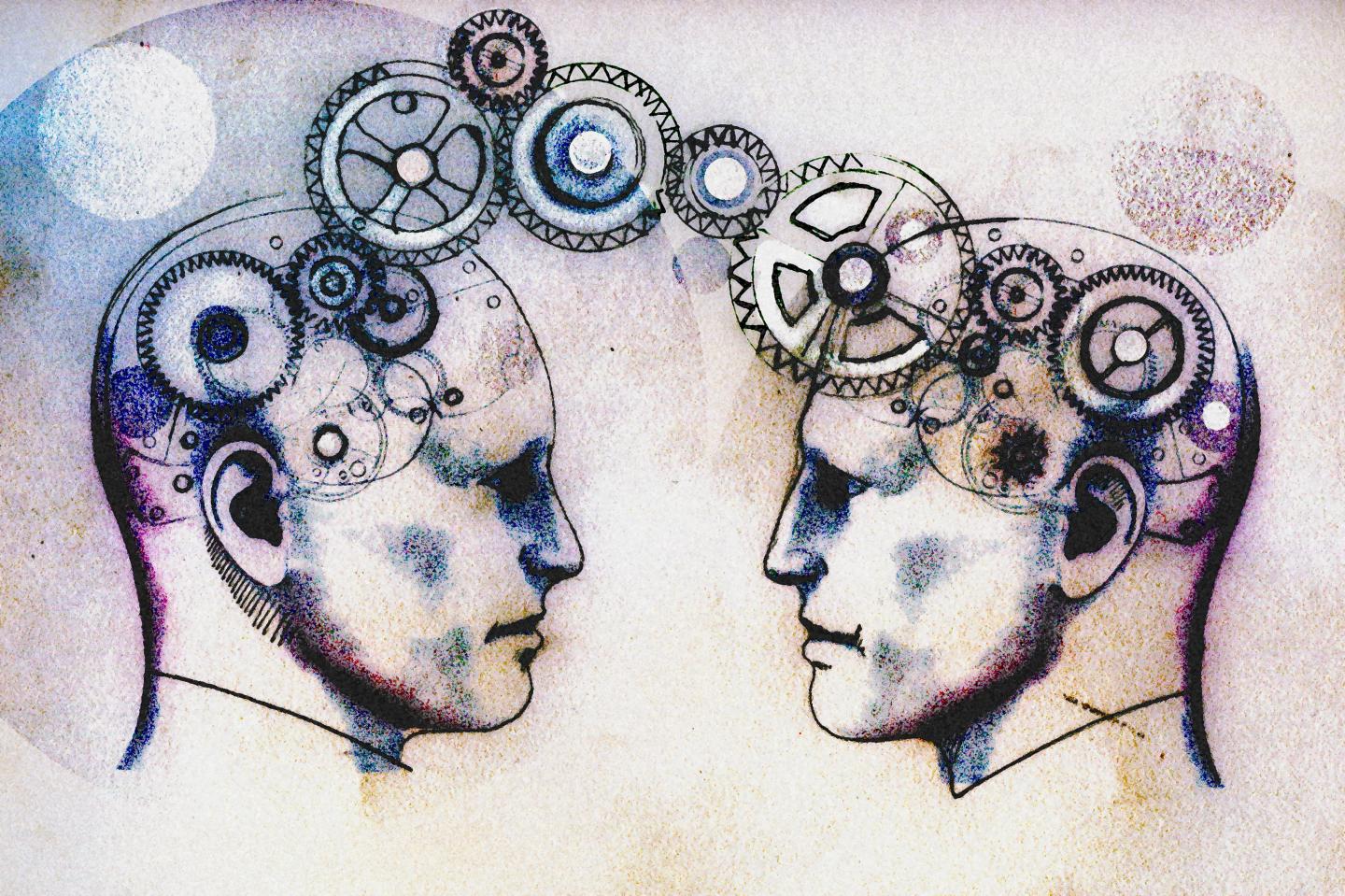 Two men's heads face to face connected by cogs