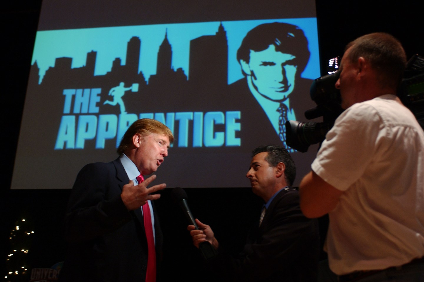 UNIVERSAL CITY, CA - JULY 9: Businessman Donald Trump (L) attends the first stop of the 16 city 'The Apprentice' Recruiting Tour on July 9, 2004 at Universal Studios Hollywood in Universal City, California. (Photo by Amanda Edwards/Getty Images)
