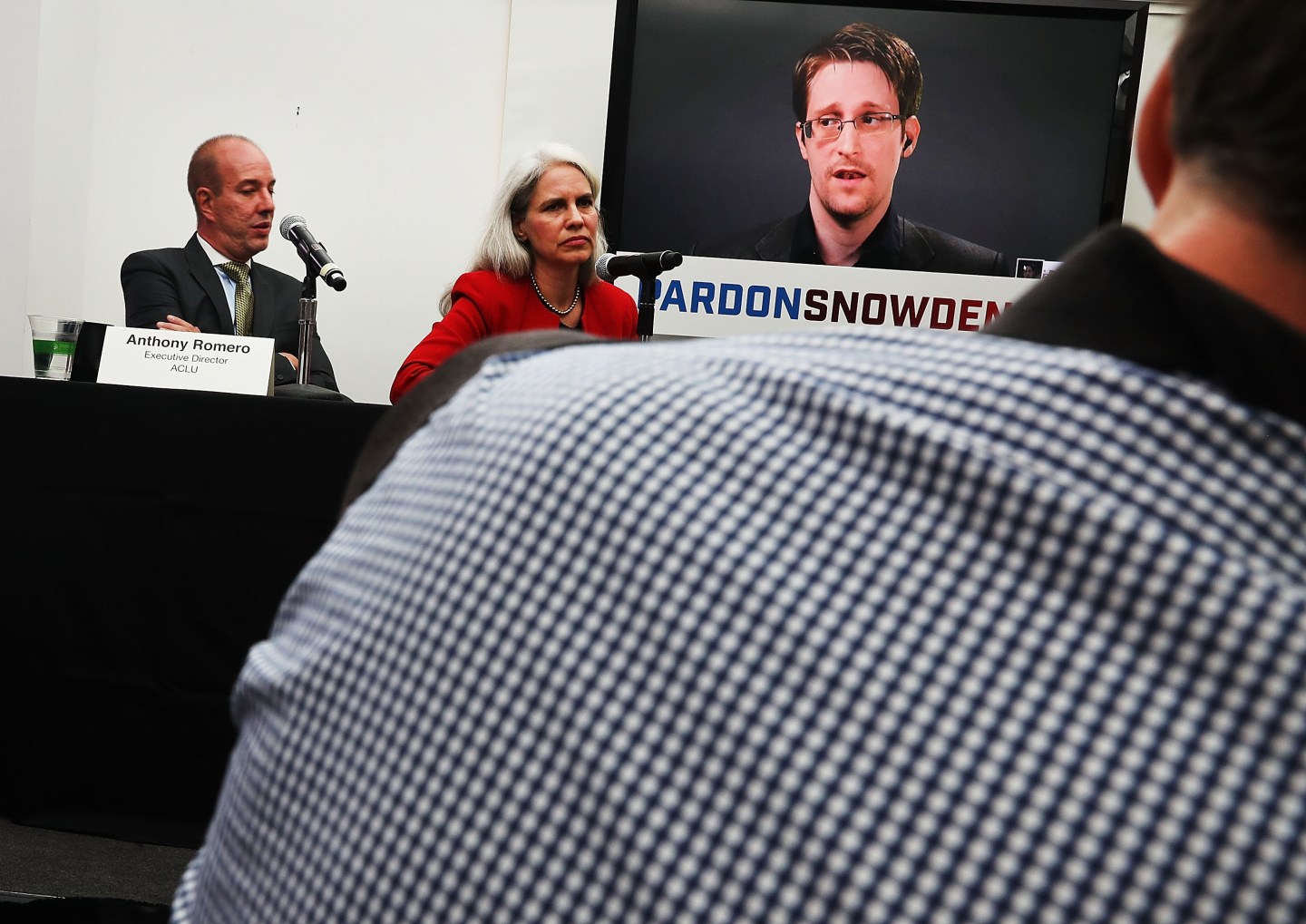 Edward Snowden Speaks Via Video Conference At Launch Of Campaign Calling On Obama To Pardon Him