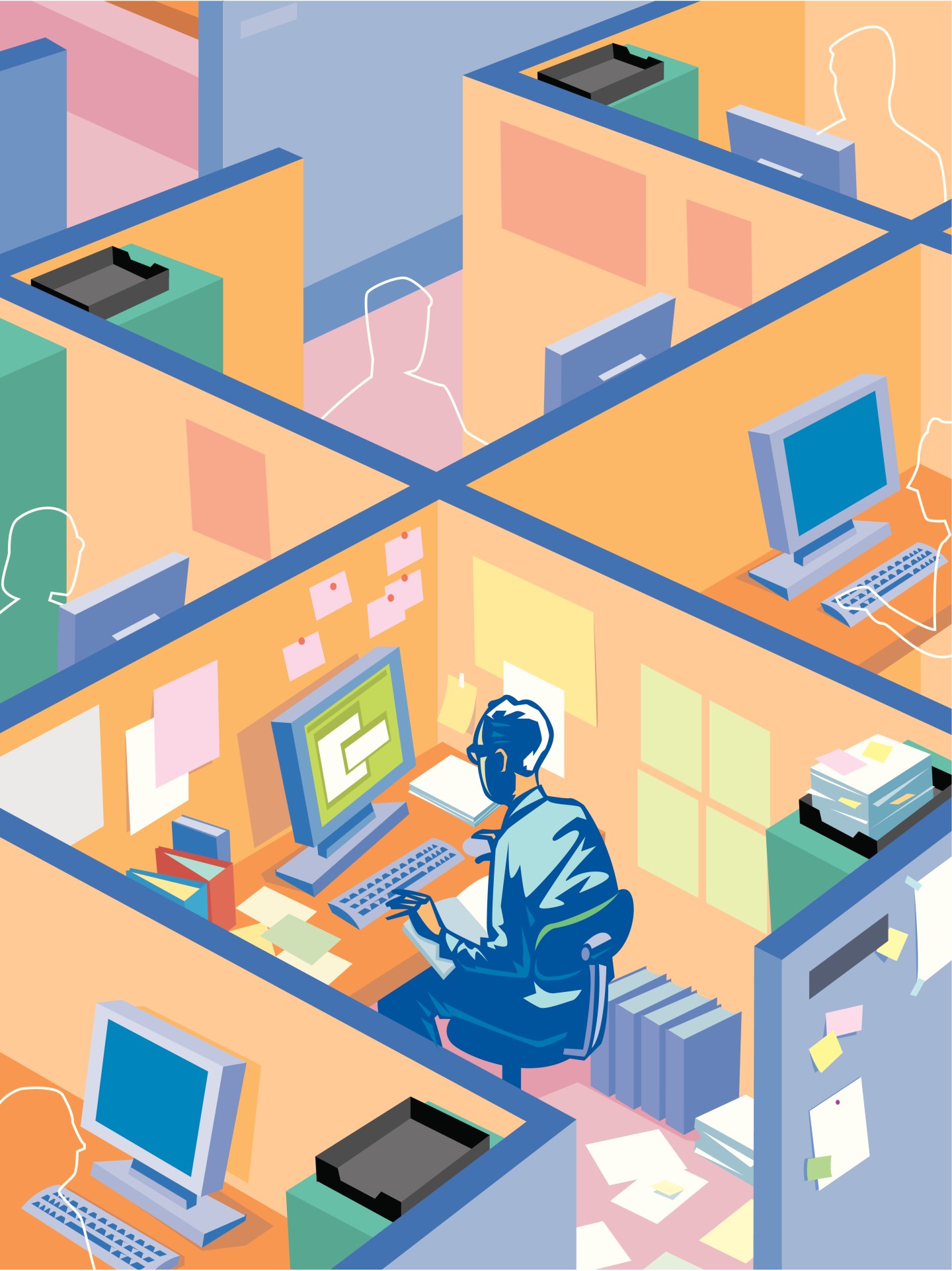 A man working in a cubicle with outlines of co-workers in the cubicles around him