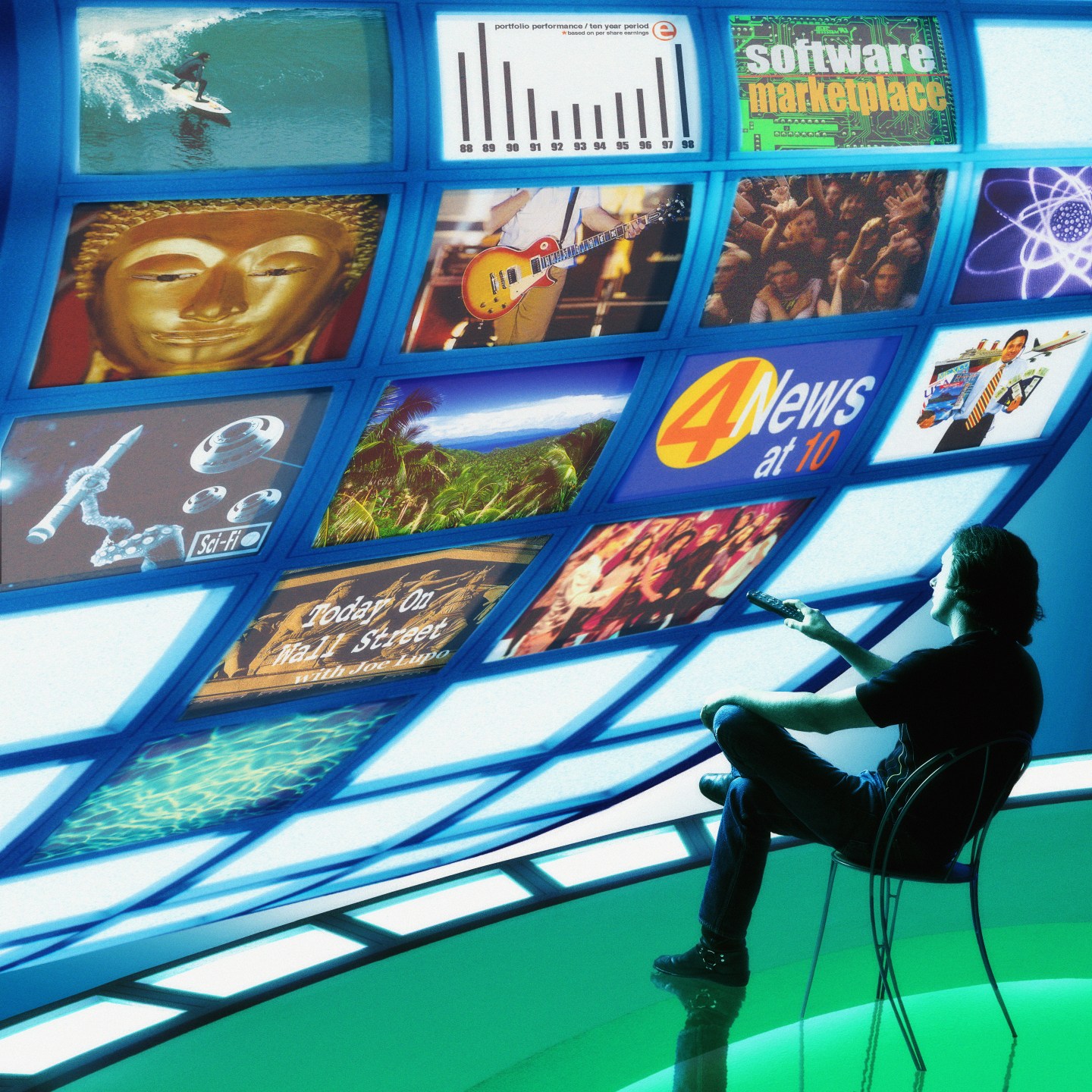 Man watching multiple television screens (Digital Composite)