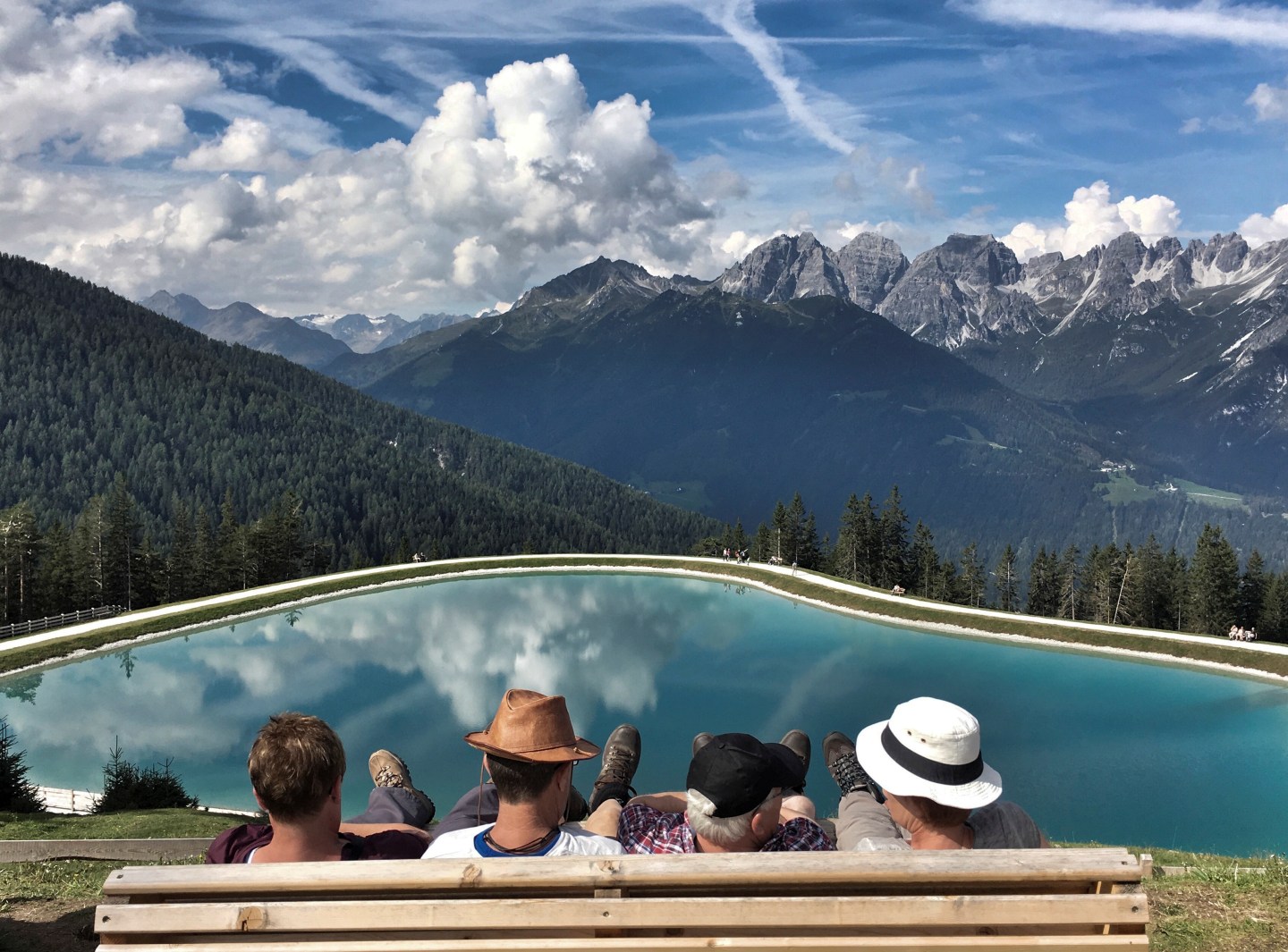 Vacation People enjoy the view from Serles mountain on a sunny autumn day in the western Austrian village of Mieders