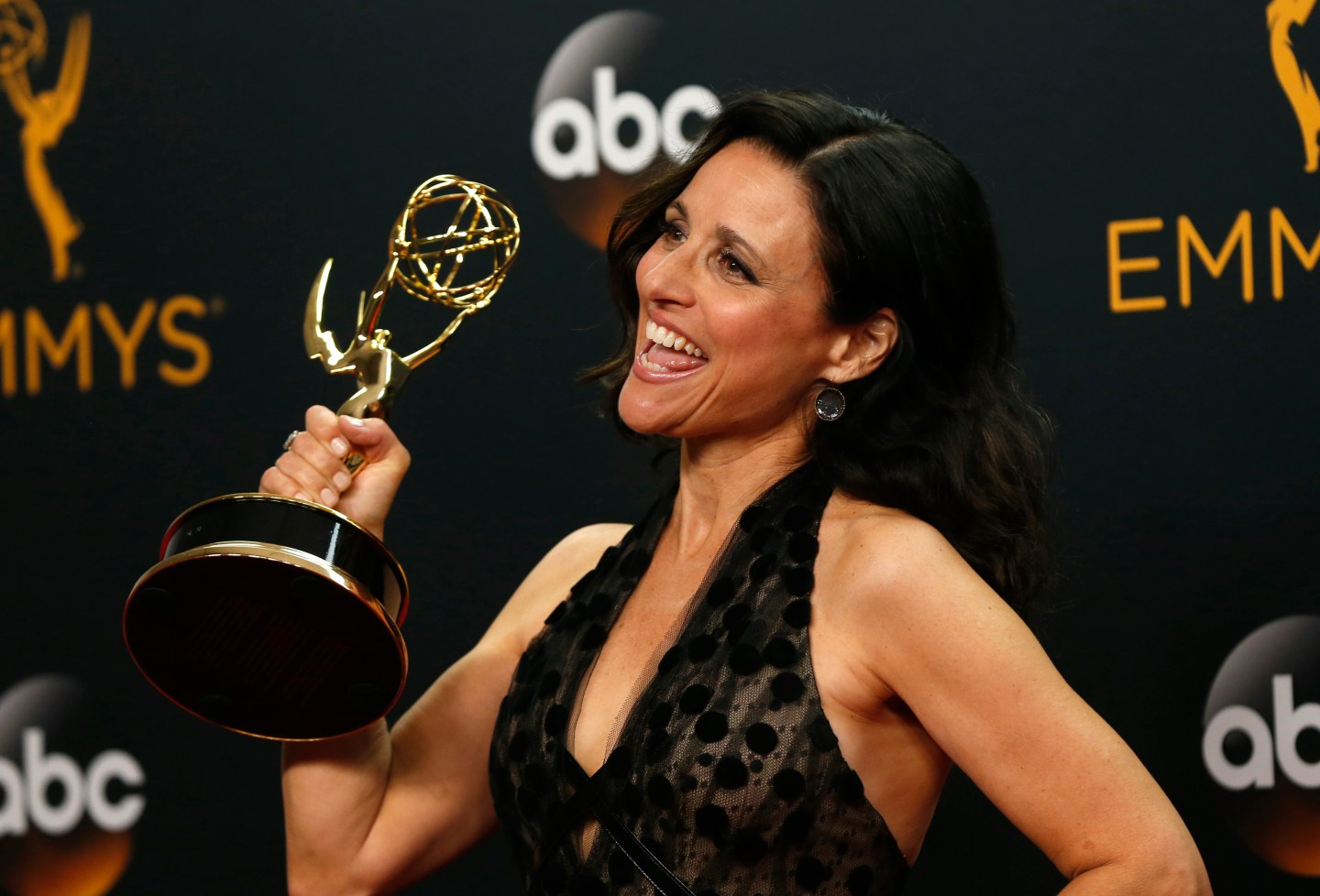 ‘Veep’ star Julia Louis-Dreyfus poses backstage with Emmy award