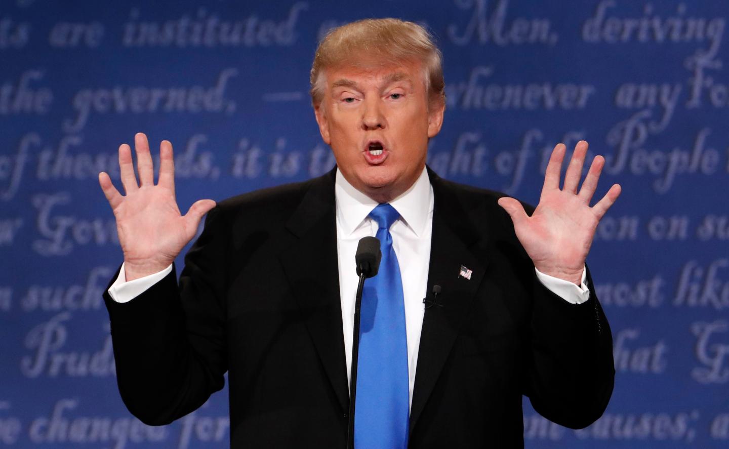 Republican U.S. presidential nominee Donald Trump speaks during the first debate with Democratic U.S. presidential nominee Hillary Clinton at Hofstra University in Hempstead