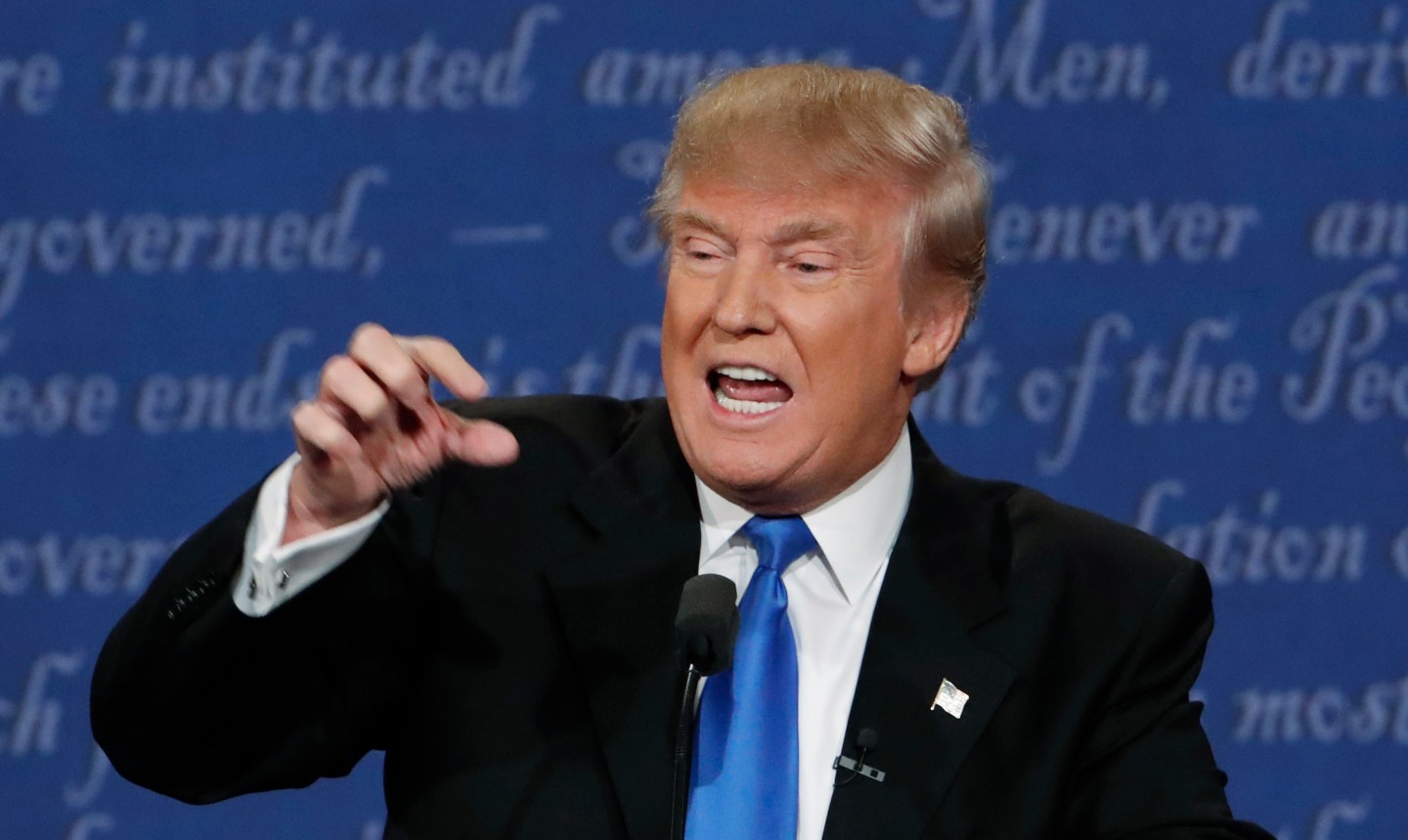 Republican U.S. presidential nominee Donald Trump speaks during first presidential debate at Hofstra University in Hempstead